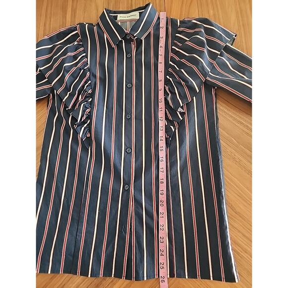 Pixie Market Button Down Poplin Statement Shirt Stripe Ruffled Shoulder Small - Picture 6 of 6
